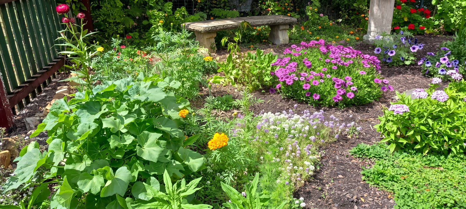 Lush, established gardens with flowering plants and shady places to sit